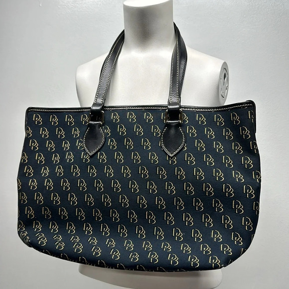 Dooney & Bourke Purse Tote Shoulder Bag Monogram D&B Canvas Black Navy Blue Tan - Picture 4 of 11